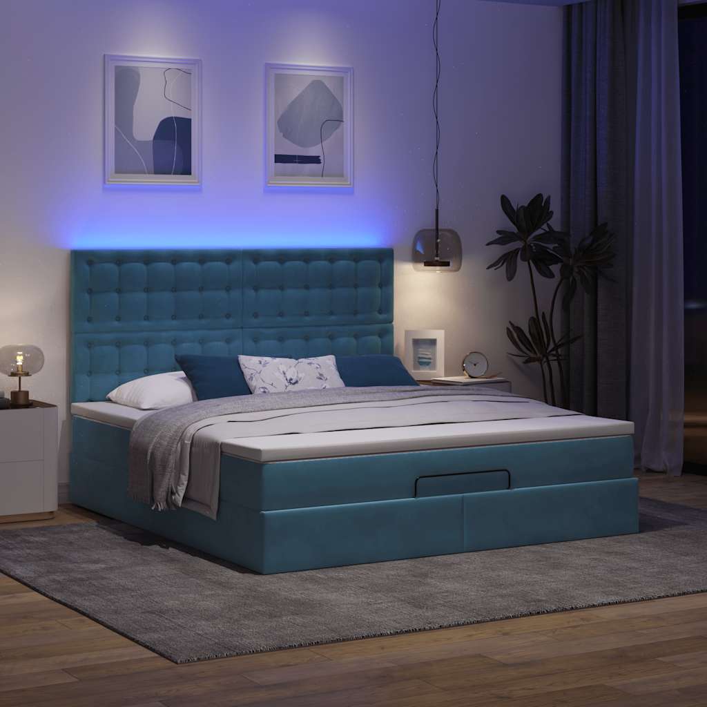 Ottoman-Bett mit Matratzen & LEDs Dunkelblau 180x200 cm Samt