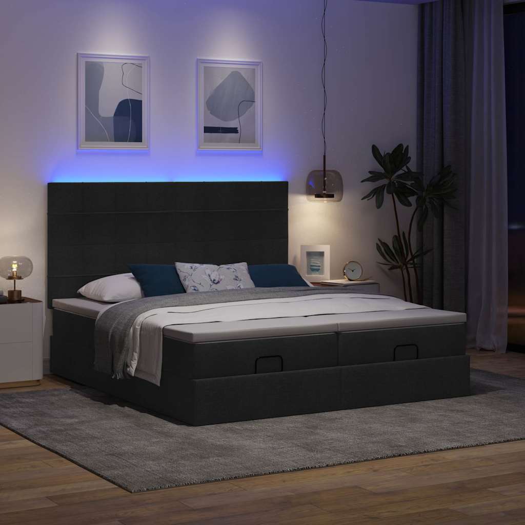 Ottoman-Bett mit Matratzen & LEDs Schwarz 180x200 cm Stoff