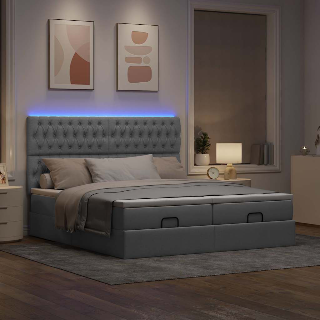 Ottoman-Bett mit Matratzen & LEDs Hellgrau 180x200 cm Stoff