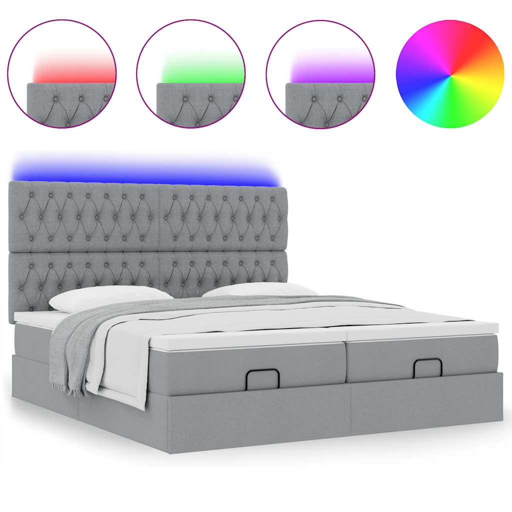 Ottoman-Bett mit Matratzen & LEDs Hellgrau 180x200 cm Stoff