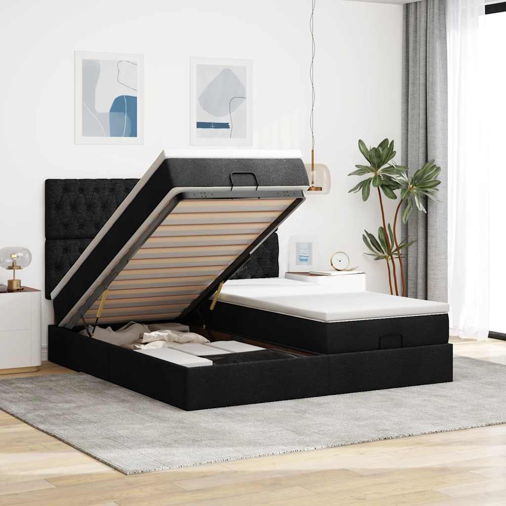 Ottoman-Bett mit Matratzen & LEDs Schwarz 180x200 cm Stoff