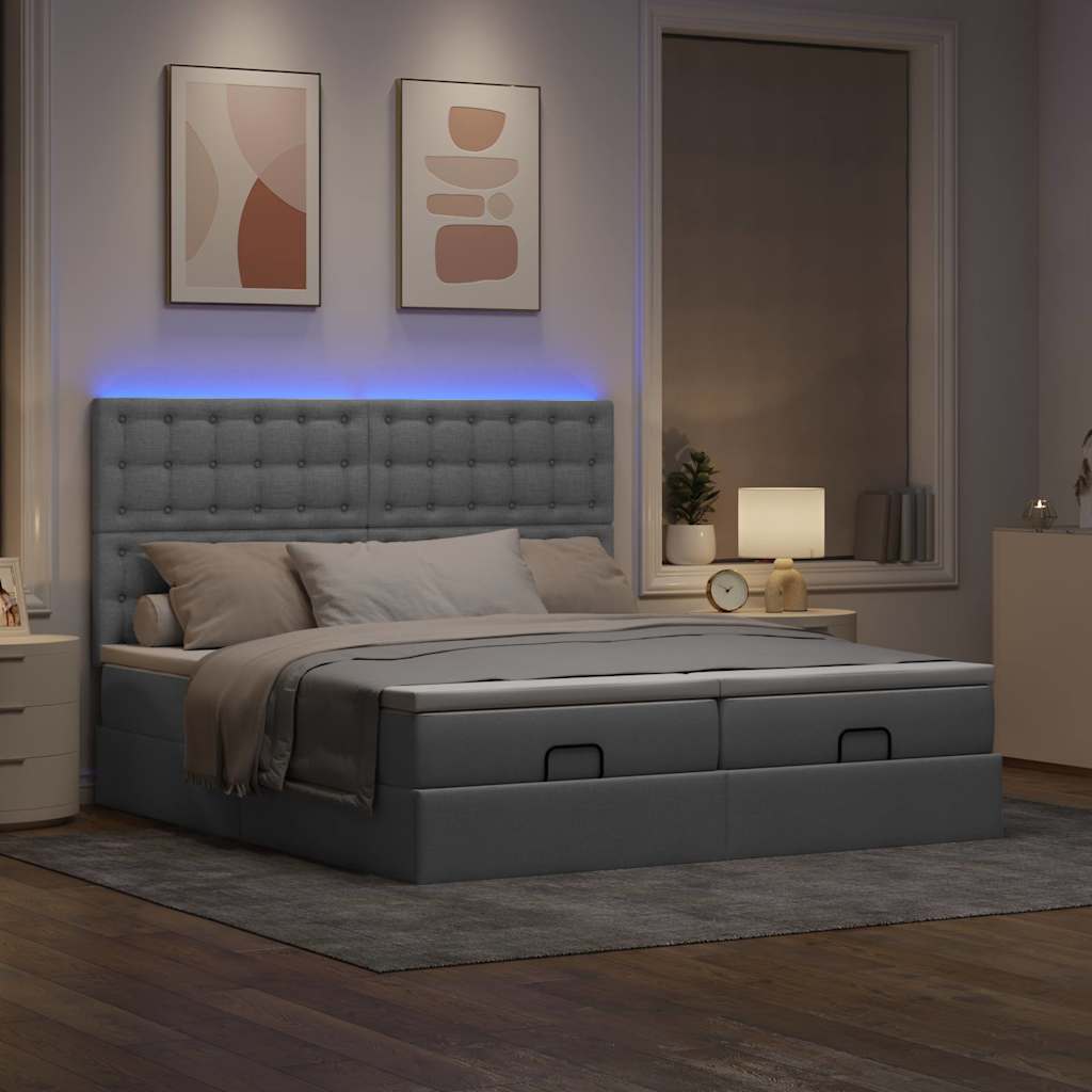 Ottoman-Bett mit Matratzen & LEDs Hellgrau 180x200 cm Stoff
