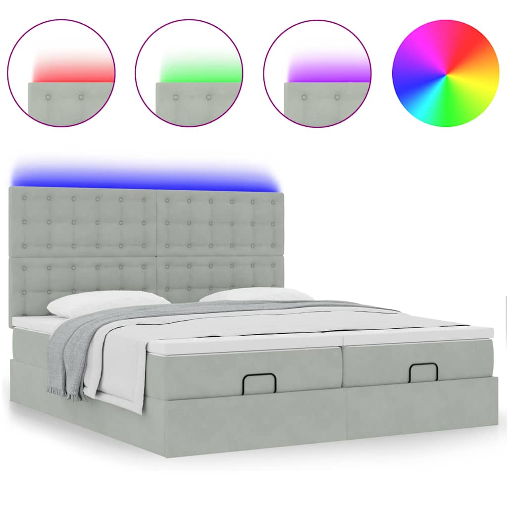 Ottoman-Bett mit Matratzen & LEDs Hellgrau 180x200 cm Samt