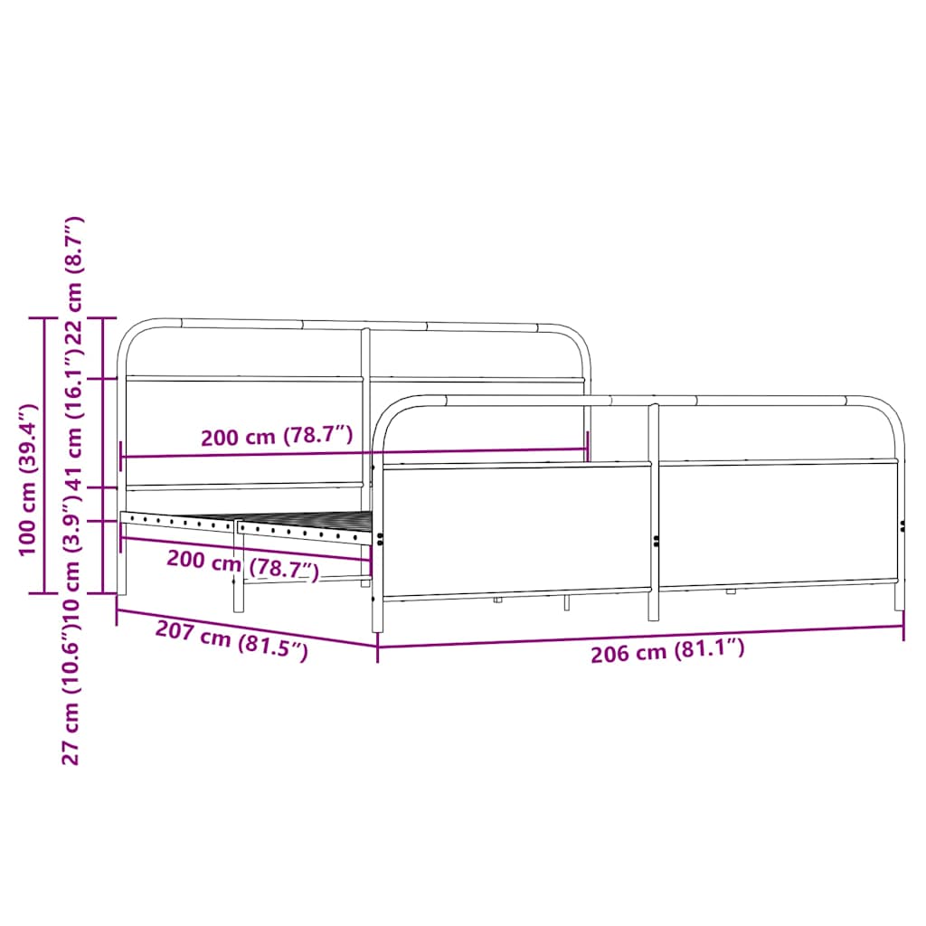 Metallbett ohne Matratze Sonoma-Eiche 200x200 cm