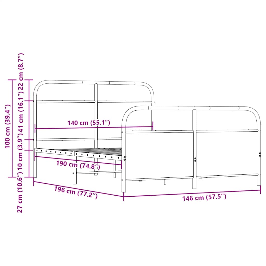 Metallbett ohne Matratze Braun Eichen-Optik 140x190 cm