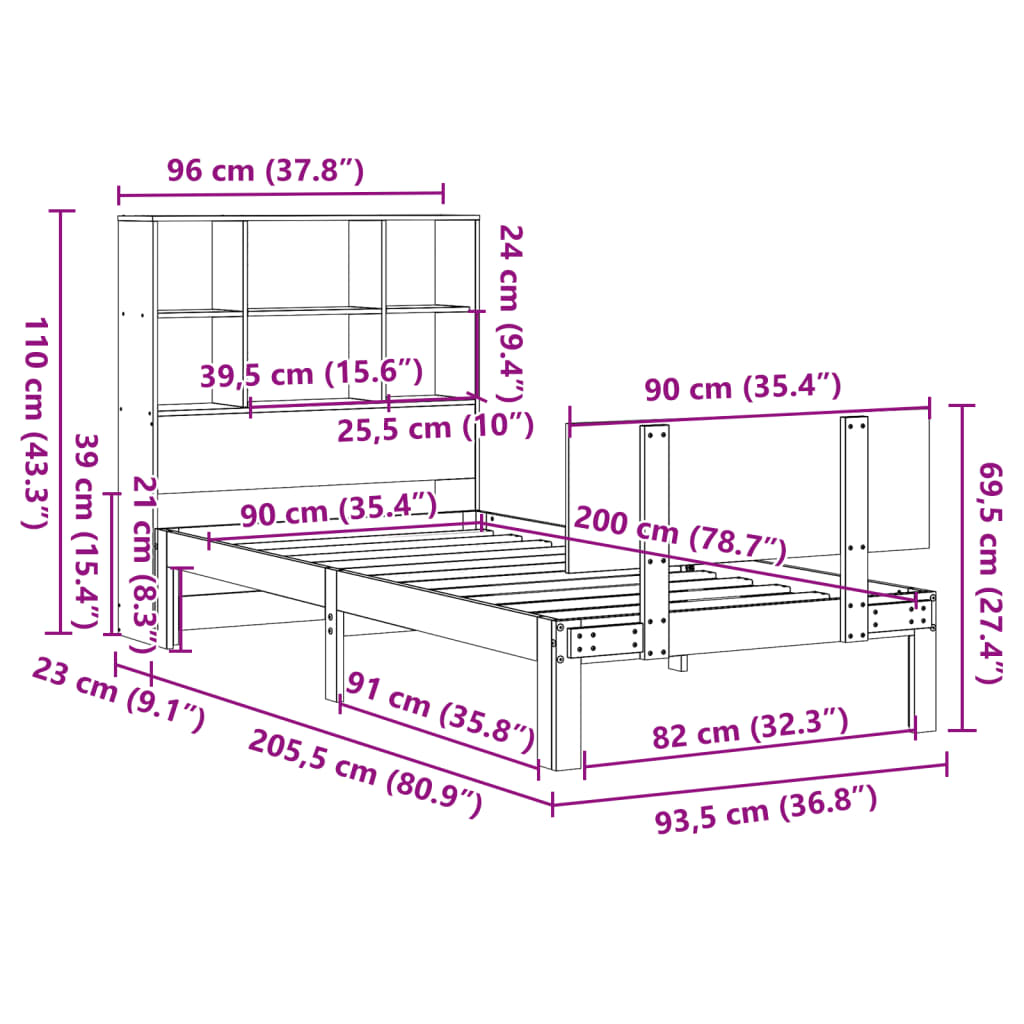 Massivholzbett mit Regal ohne Matratze 90x200 cm Kiefer