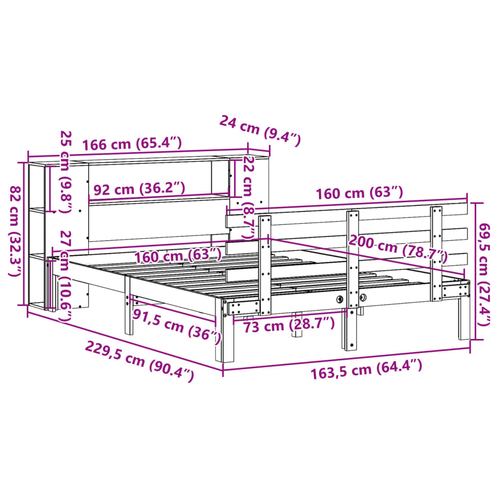 Massivholzbett mit Regal ohne Matratze Wachsbraun 160x200 cm