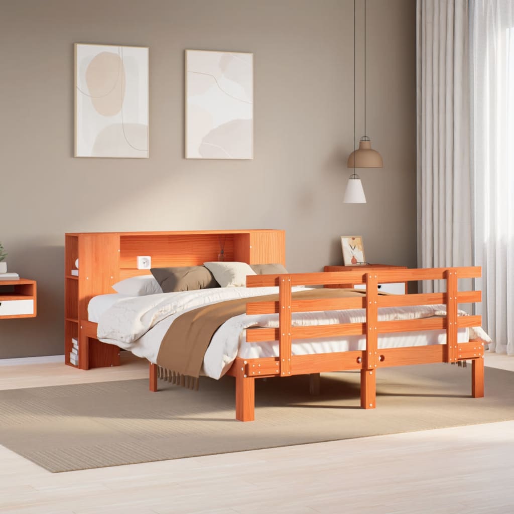 Massivholzbett mit Regal ohne Matratze Wachsbraun 160x200 cm
