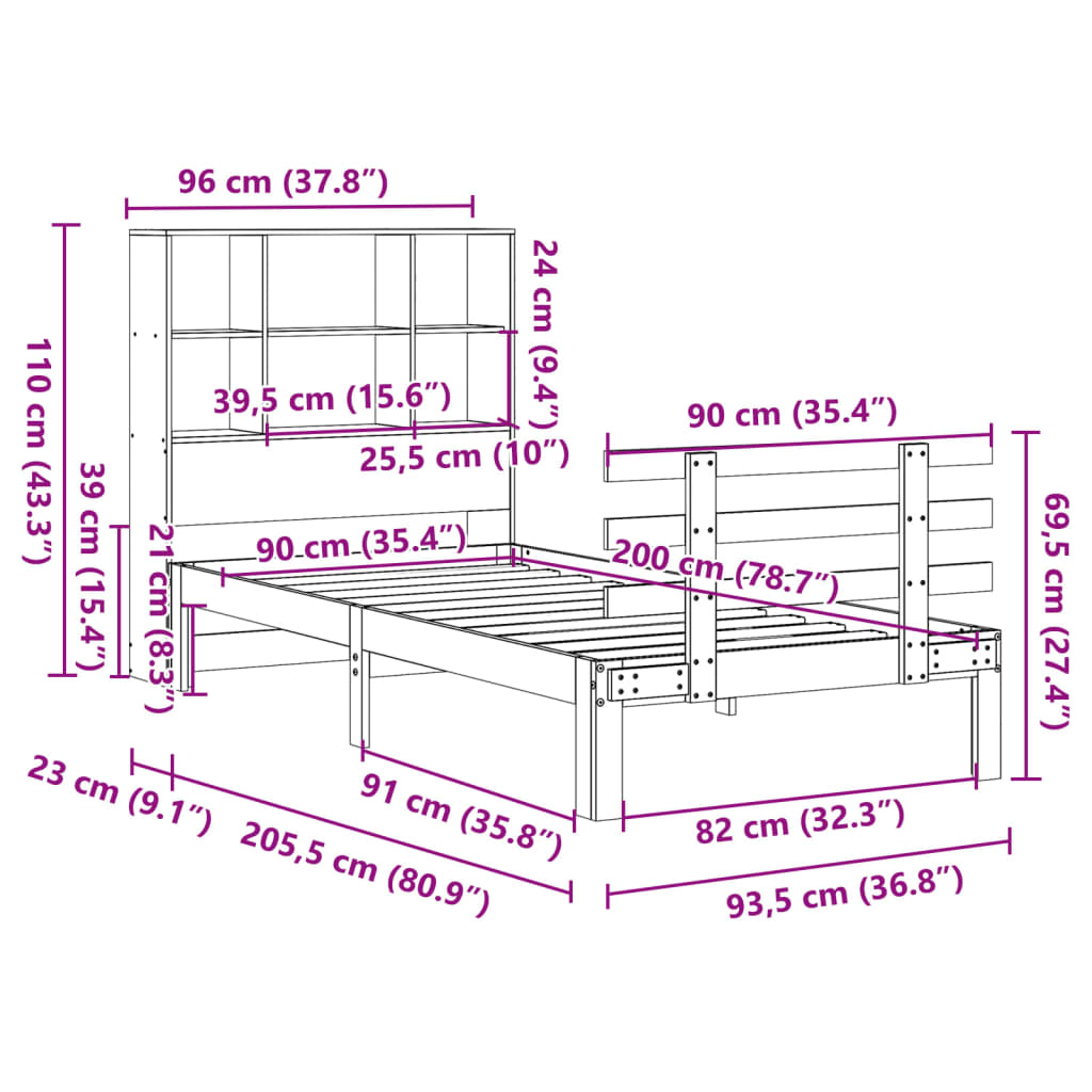 Massivholzbett mit Regal ohne Matratze 90x200 cm Kiefer