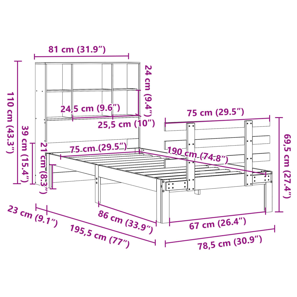 Massivholzbett mit Regal ohne Matratze Wachsbraun 75x190 cm