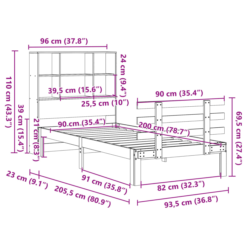 Massivholzbett mit Regal ohne Matratze Wachsbraun 90x200 cm