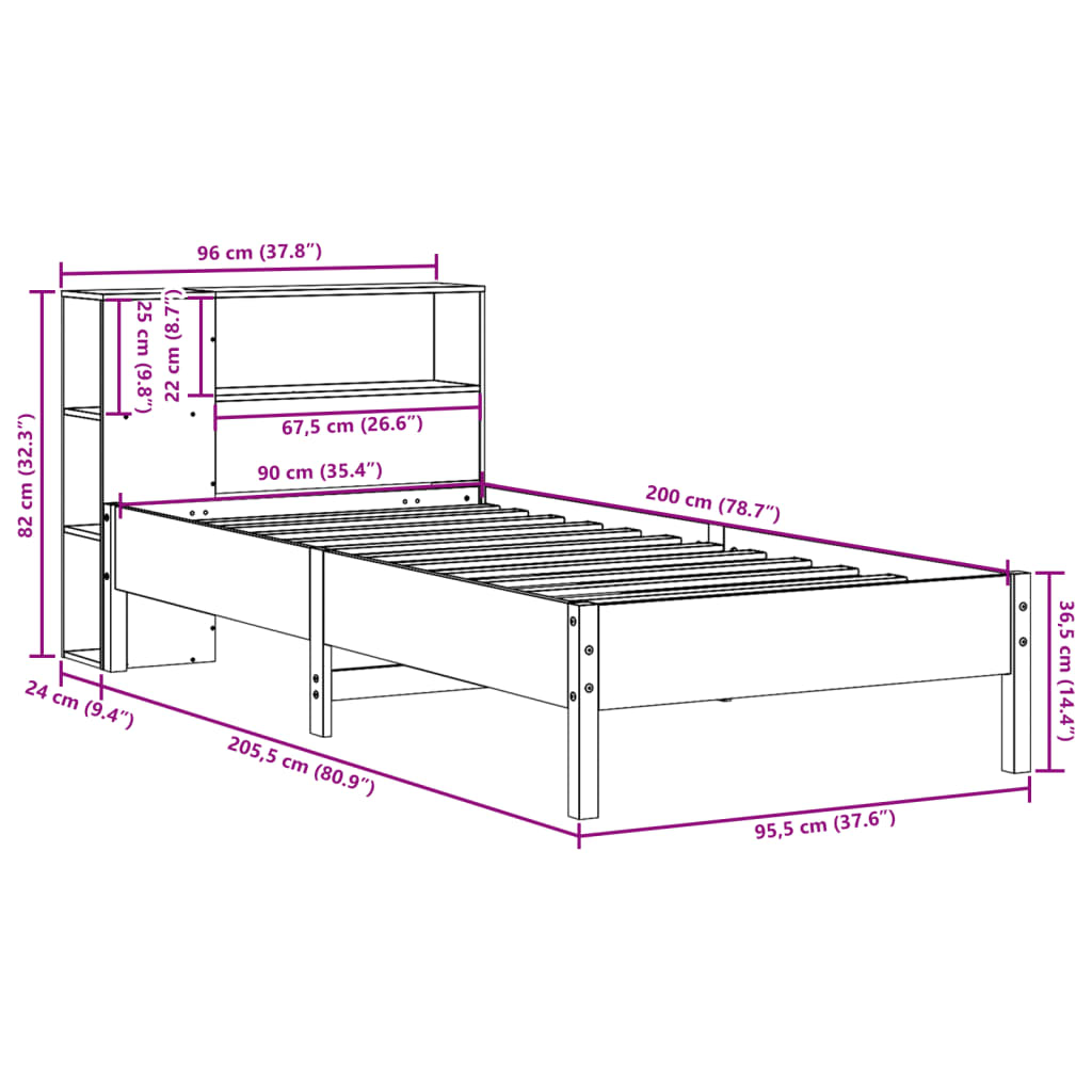 Massivholzbett mit Regal ohne Matratze 90x200 cm Kiefer