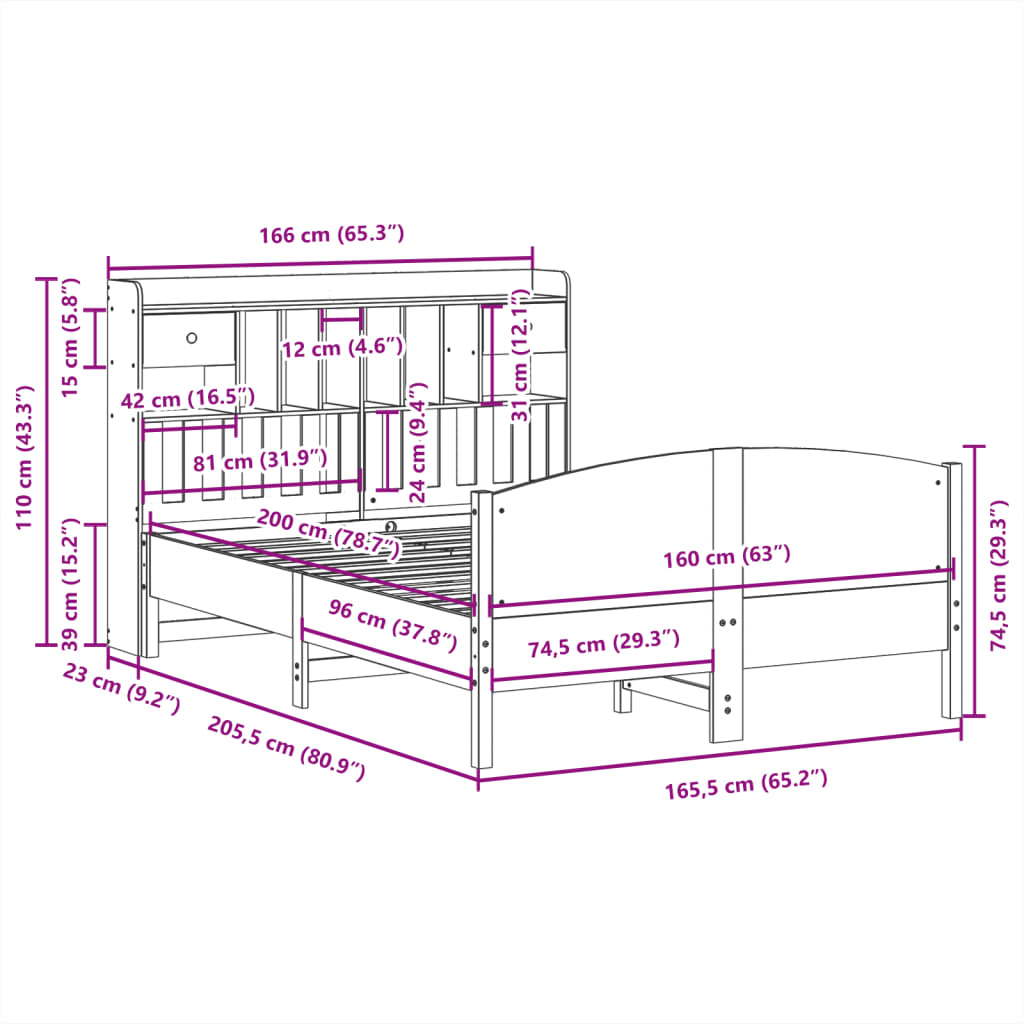 Massivholzbett mit Regal ohne Matratze Wachsbraun 160x200 cm