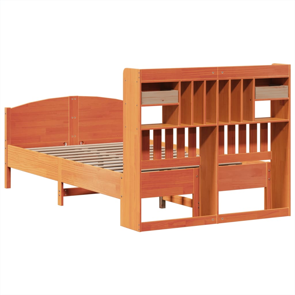 Massivholzbett mit Regal ohne Matratze Wachsbraun 135x190 cm