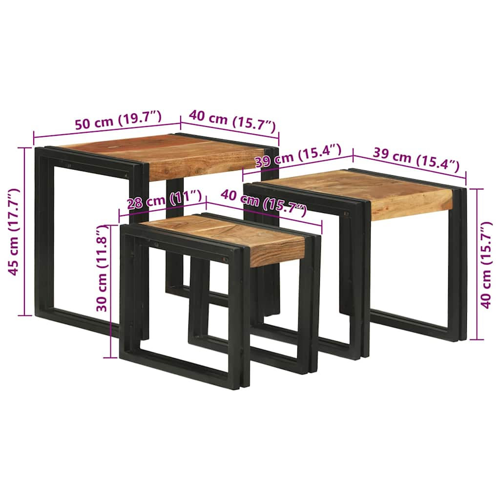 Nestingtisch 3 pcs Massives Akazienholz und ein Metall