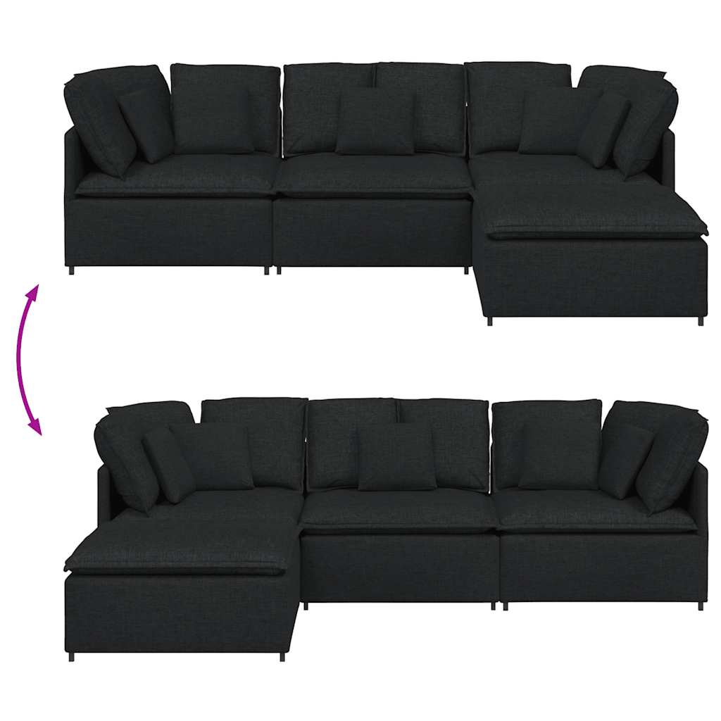 Modulares Sofa mit Fußhocker Kissen Stoff Schwarz