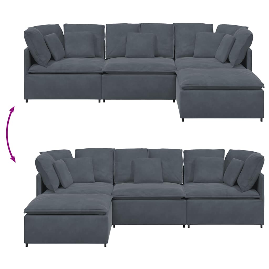 Modulares Sofa mit Fußhocker Kissen Samt Dunkelgrau