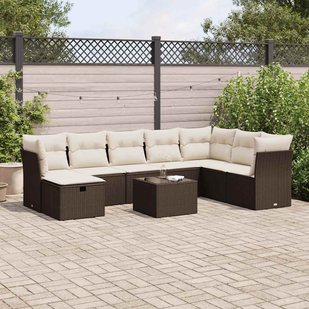 9-tlg. Garten-Sofagarnitur mit Kissen Braun Poly Rattan