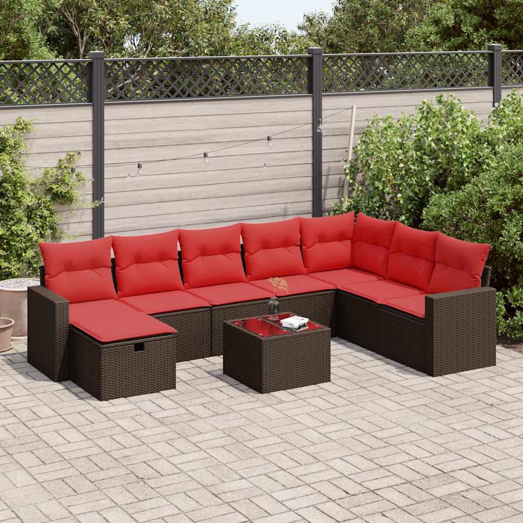 9-tlg. Garten-Sofagarnitur mit Kissen Braun Poly Rattan