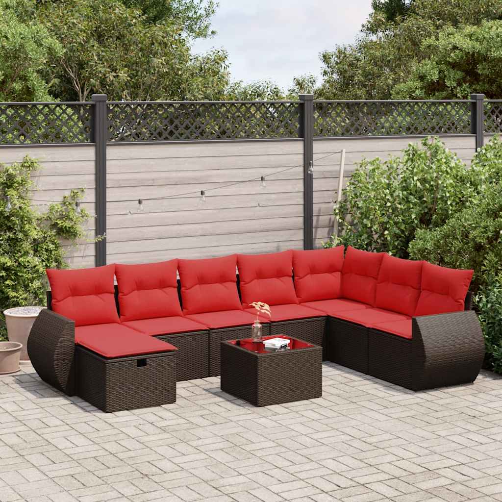 9-tlg. Garten-Sofagarnitur mit Kissen Braun Poly Rattan