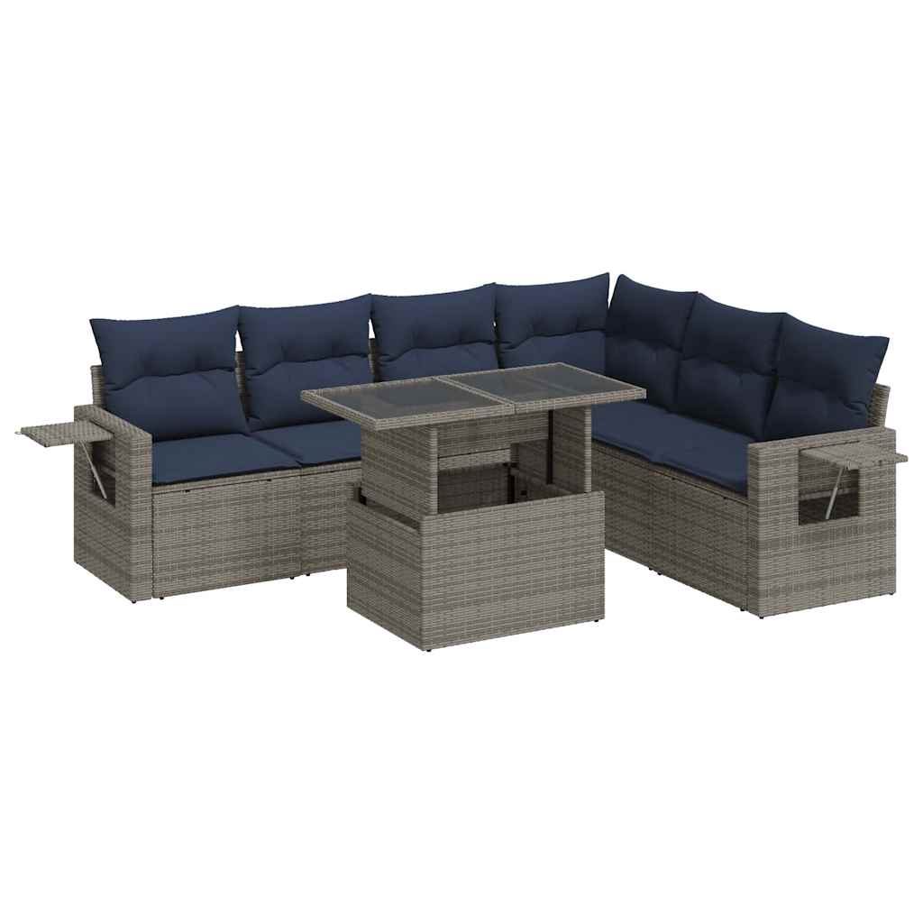 7-tlg. Garten-Sofagarnitur mit Kissen Grau Poly Rattan