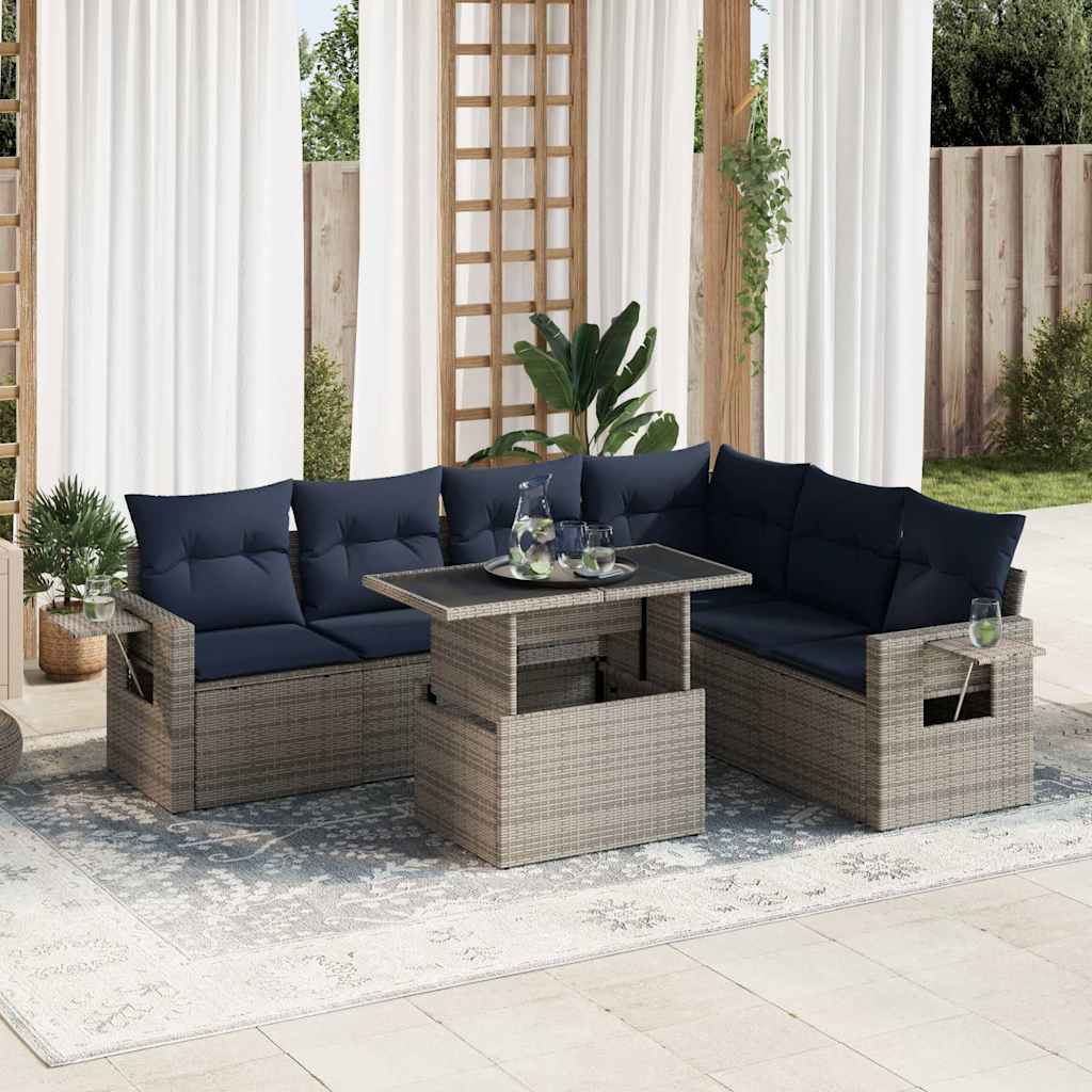 7-tlg. Garten-Sofagarnitur mit Kissen Grau Poly Rattan
