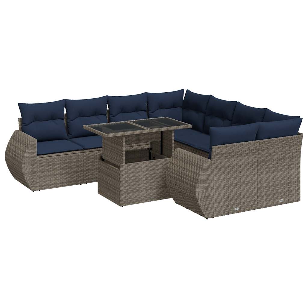 9-tlg. Garten-Sofagarnitur mit Kissen Grau Poly Rattan Akazie