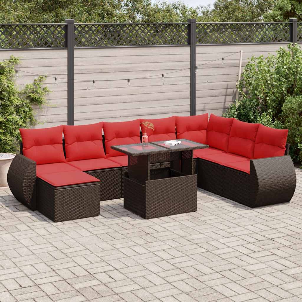 9-tlg. Garten-Sofagarnitur mit Kissen Braun Poly Rattan Akazie