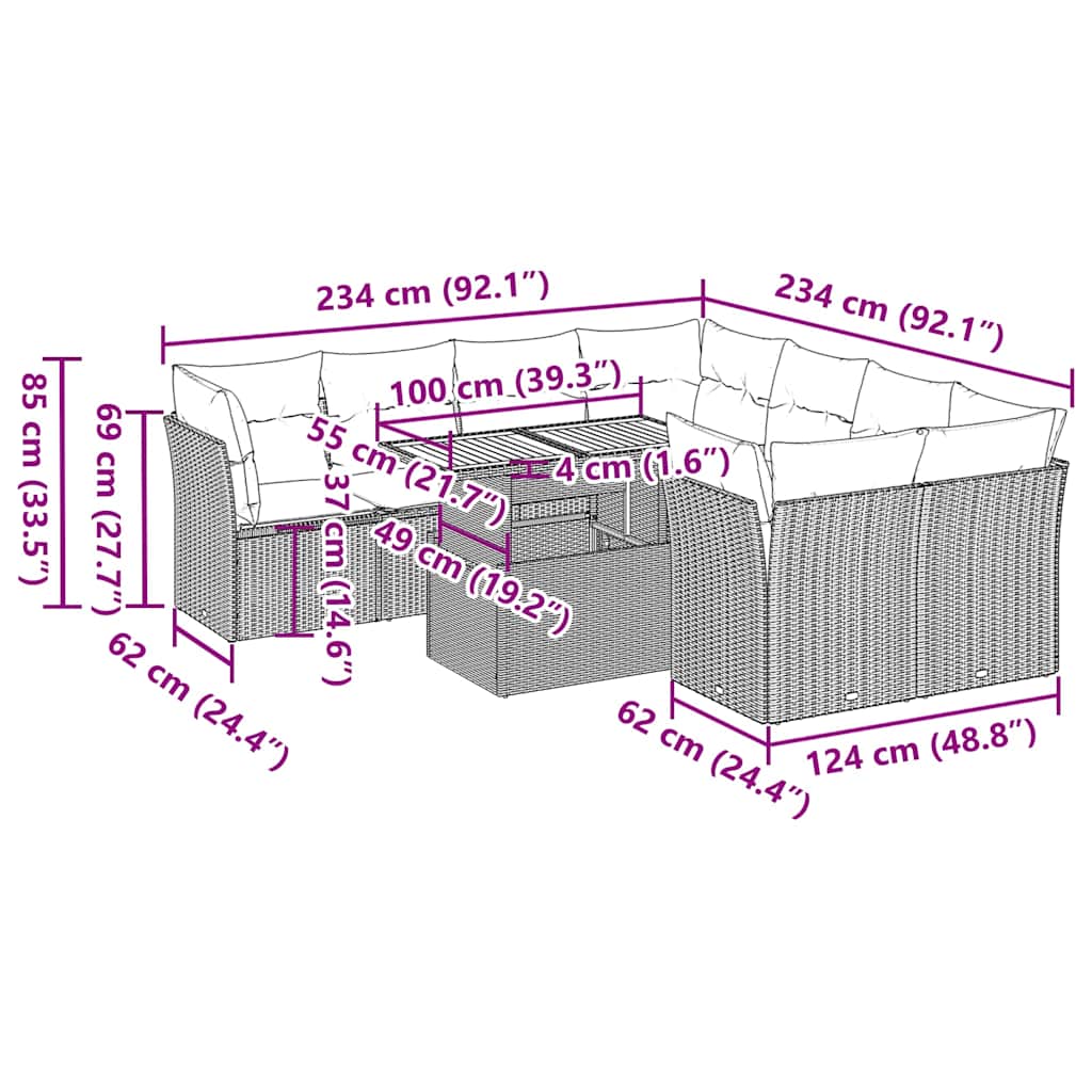 9-tlg. Garten-Sofagarnitur mit Kissen Grau Poly Rattan