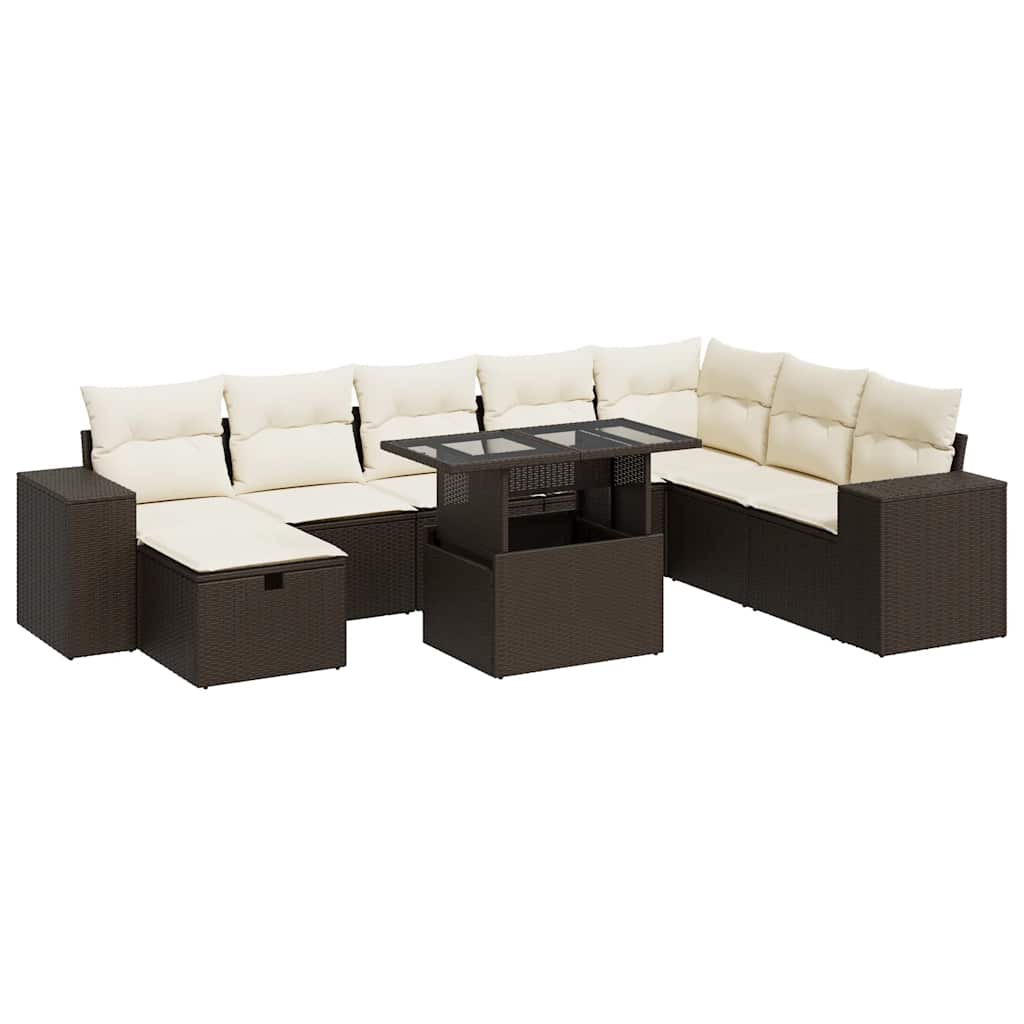 9-tlg. Garten-Sofagarnitur mit Kissen Braun Poly Rattan
