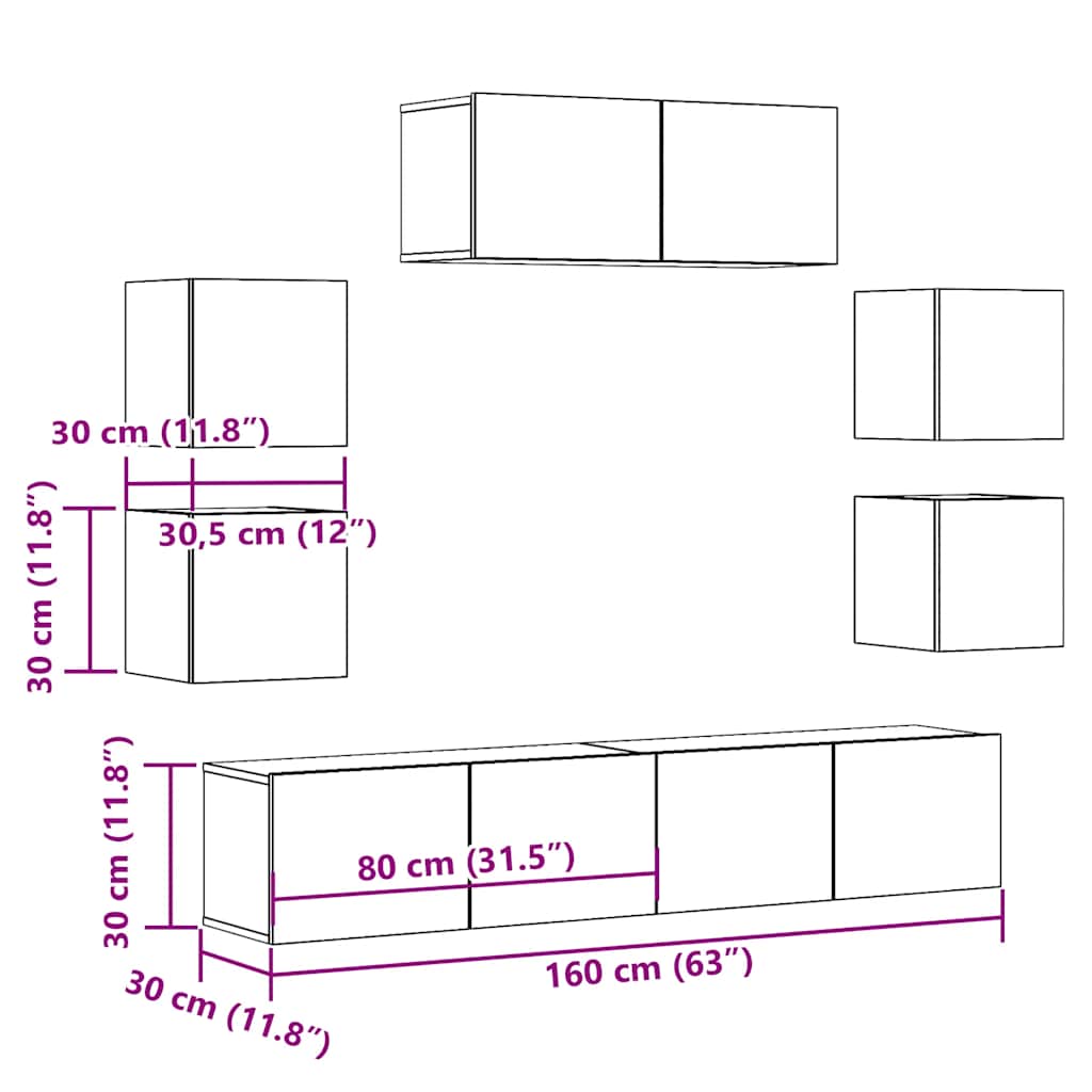 7-tlg. TV-Schrank-Set Wandmontage Artisan-Eiche Holzwerkstoff
