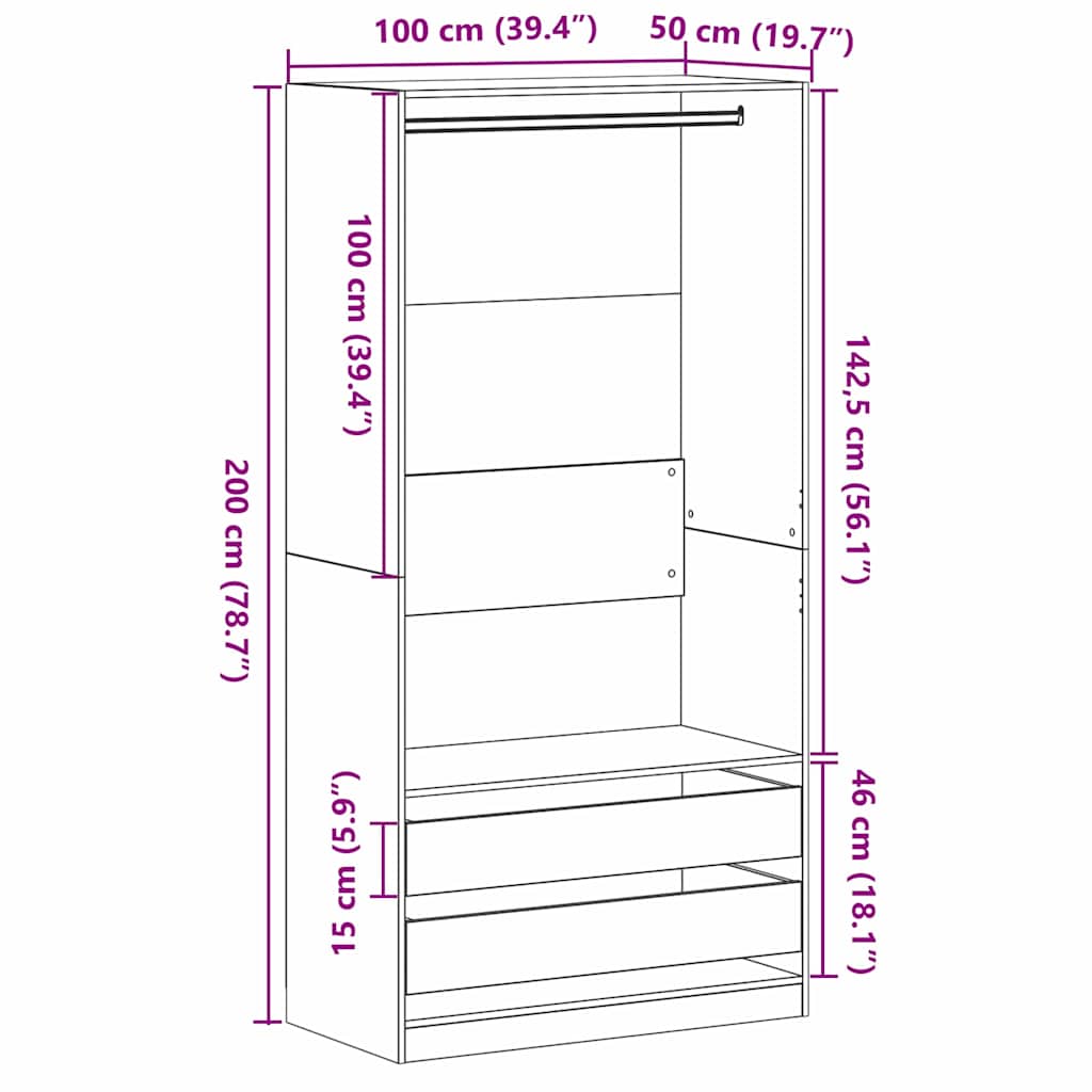 Kleiderschrank Schwarze Eiche 100 x 50 x 200 cm Holzwerkstoff