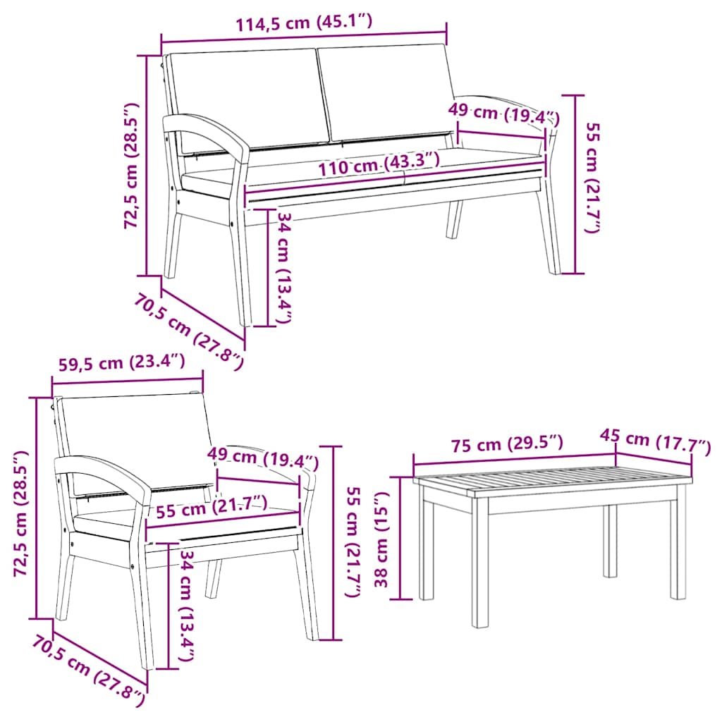 Bistrogarnitur 4 pcs Braun 75 x 45 x 38cm Massivholz Akazie