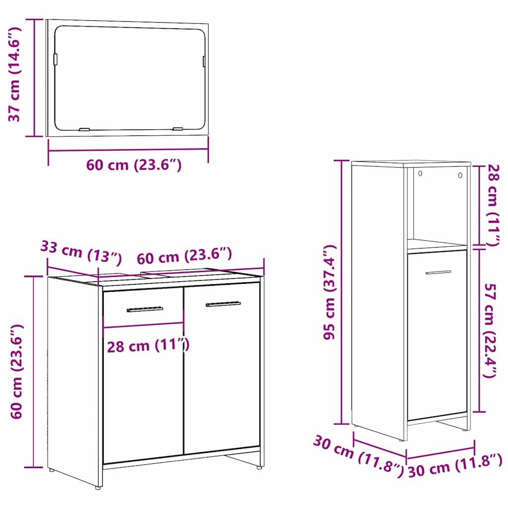 Badezimmermöbelset mit Tür 3 pcs Schwarze Eiche 60 x 33 x 60 cm