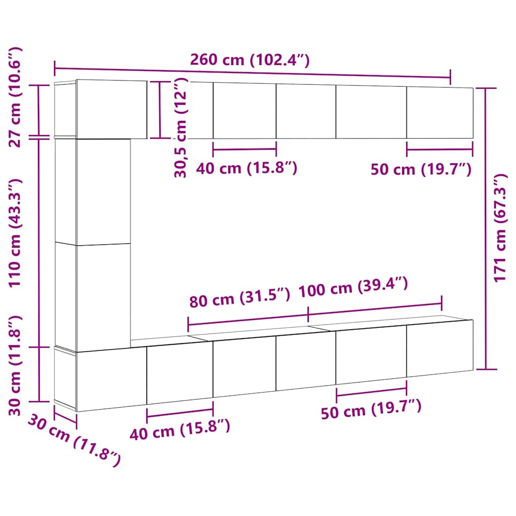 TV-Schrank-Set 9 pcs Schwarze Eiche 30,5 x 30 x 110 cm