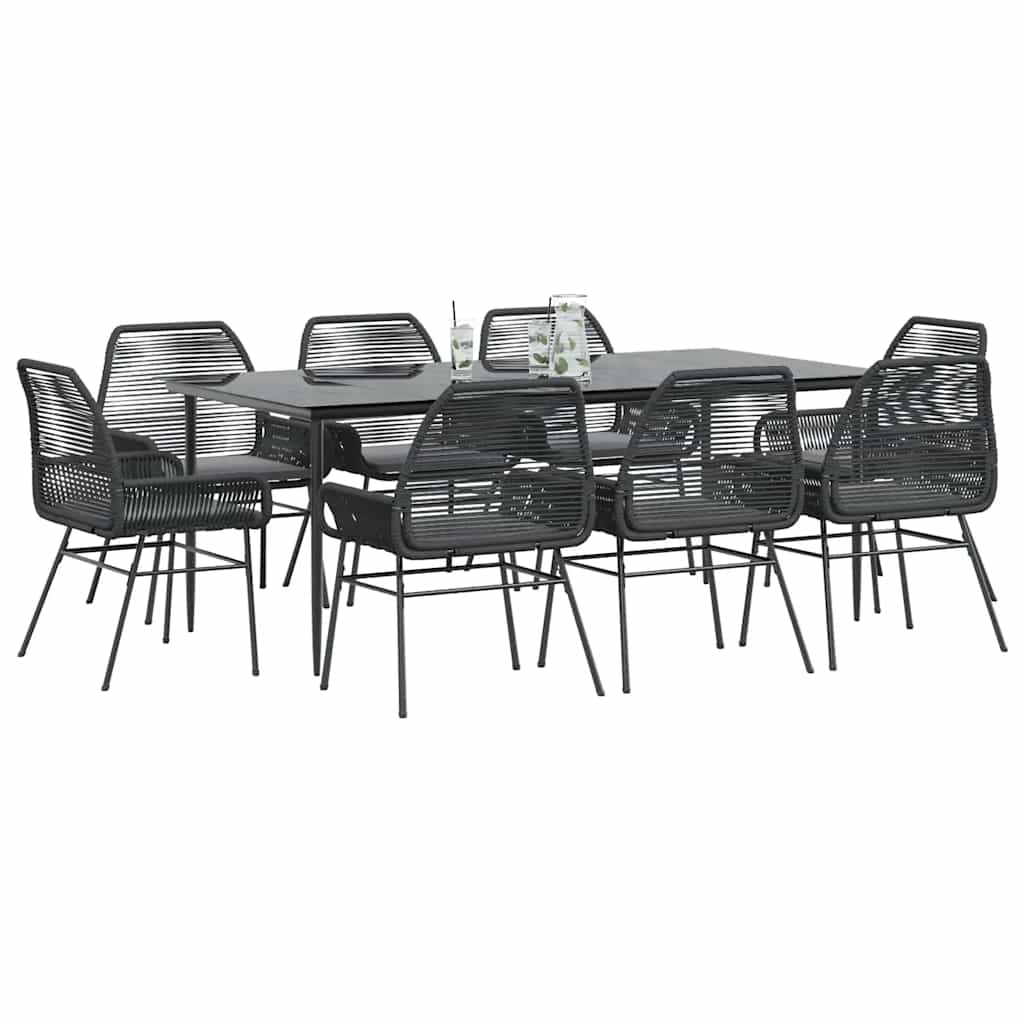 9-tlg. Garten-Essgruppe mit Kissen Schwarz Poly Rattan Glas