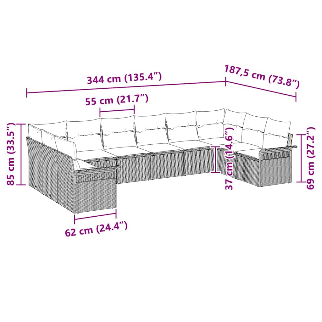 Garten-Sofa-Set mit Kissen 10 pcs Schwarz Poly Rattan