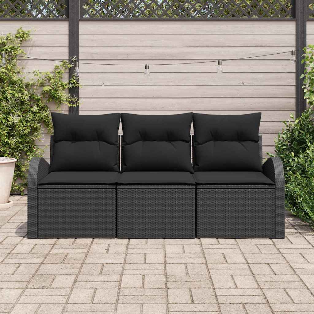 Garten-Sofa-Set mit Kissen 3 pcs Schwarz Poly Rattan