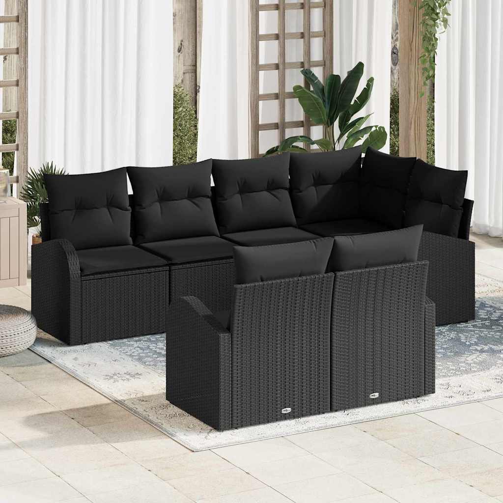 Garten-Sofa-Set mit Kissen 7 pcs Schwarz Poly Rattan