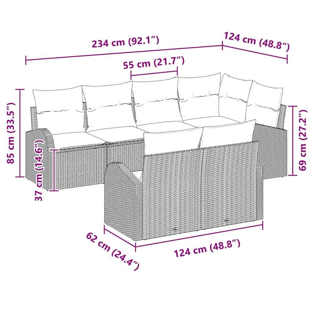 Garten-Sofa-Set mit Kissen 7 pcs Schwarz Poly Rattan