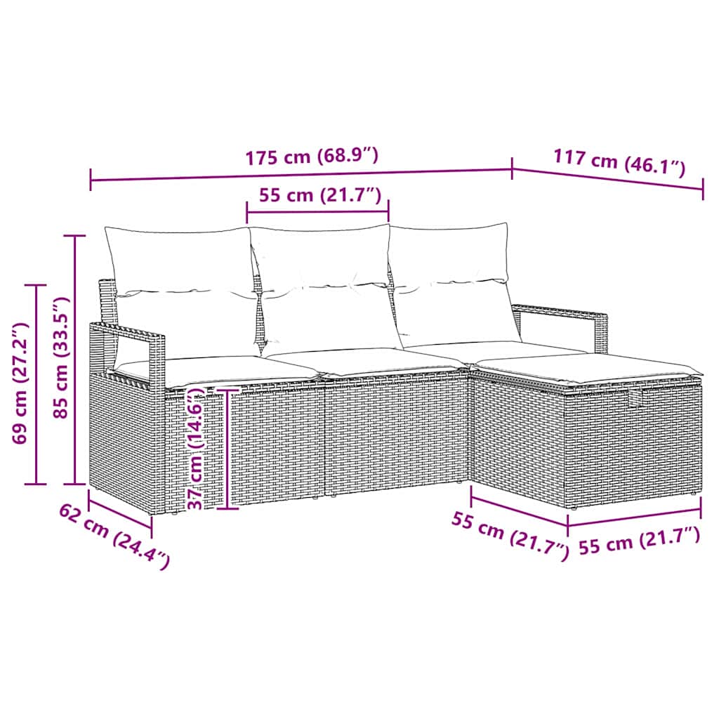 Garten-Sofa-Set 4 pcs Grau 175 x 117 x 85 cm Poly Rattan