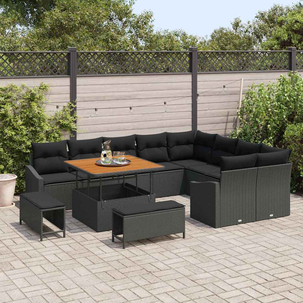 Garten-Sofa-Set mit Kissen 12 pcs Schwarz Poly Rattan