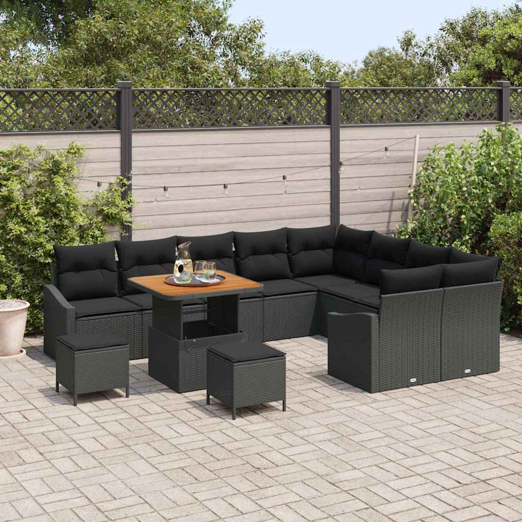 Garten-Sofa-Set mit Kissen 12 pcs Schwarz Poly Rattan