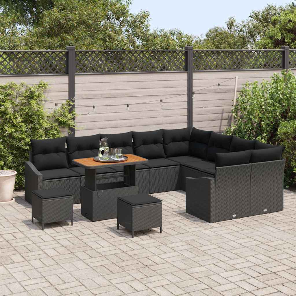 Garten-Sofa-Set mit Kissen 12 pcs Schwarz Poly Rattan