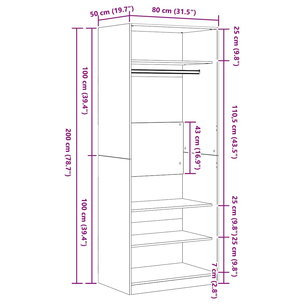 Kleiderschrank Schwarz Eiche 80 x 50 x 200 cm Holzwerkstoff