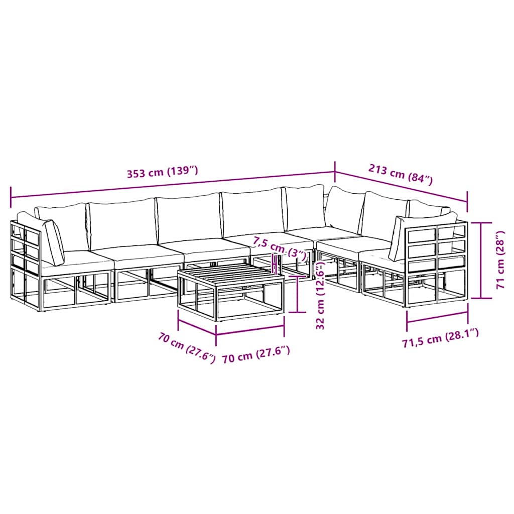 Garten-Sofa-Set mit Kissen 8 pcs Schwarz Aluminium