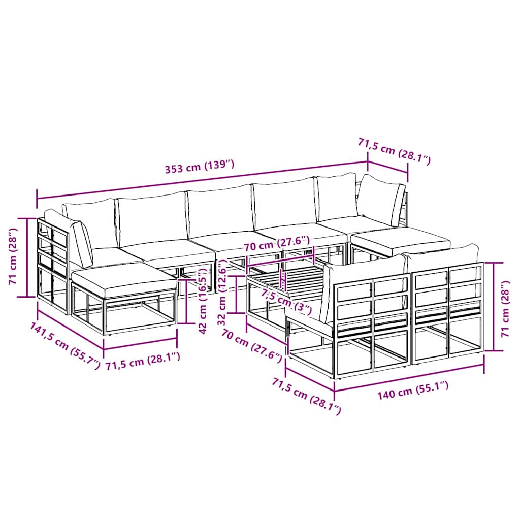 Garten-Sofa-Set mit Kissen 10 pcs Schwarz Aluminium
