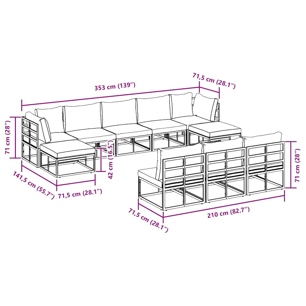 Garten-Sofa-Set mit Kissen 10 pcs Schwarz Aluminium