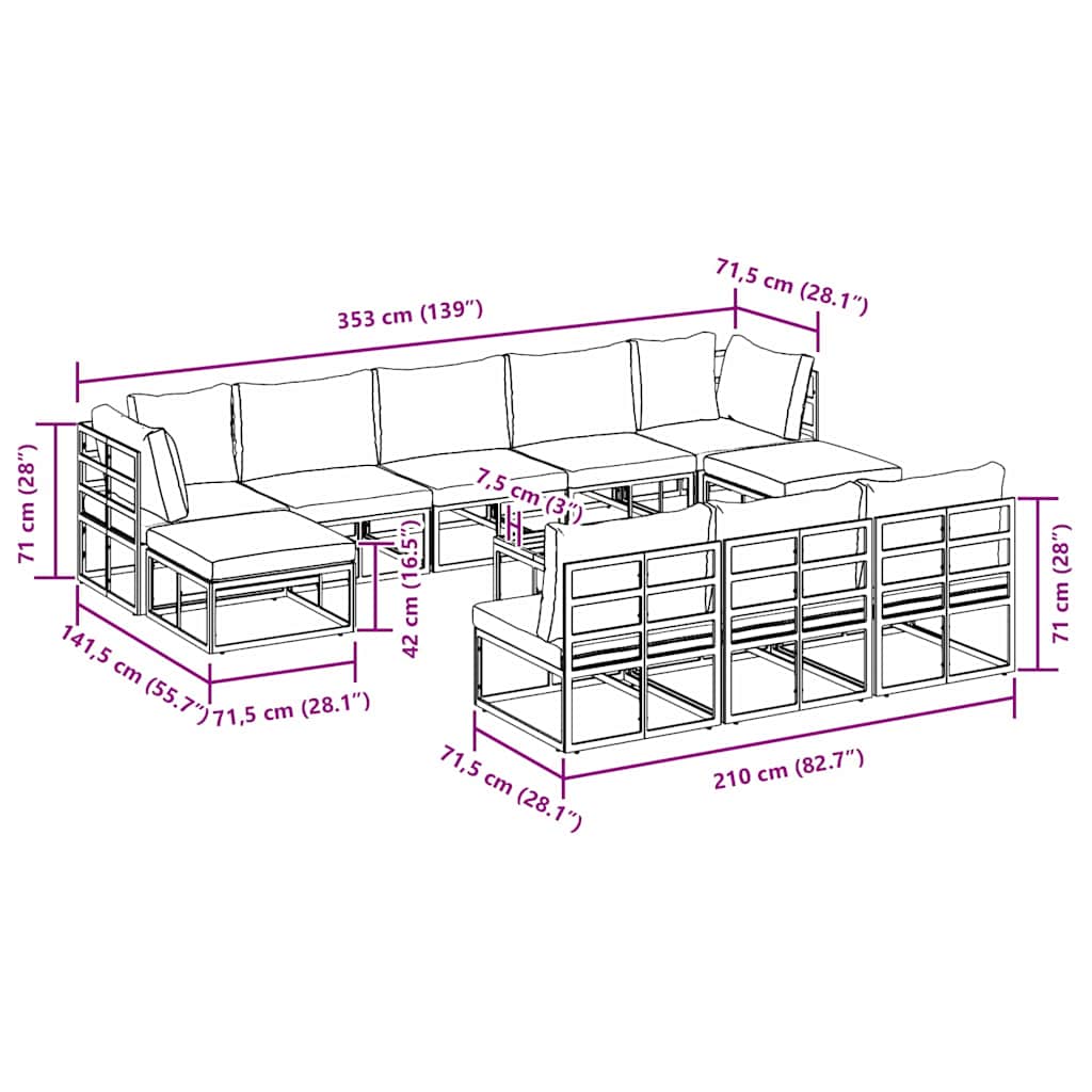 Garten-Sofa-Set mit Kissen 11 pcs Schwarz Aluminium
