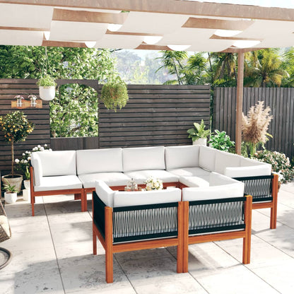 10-tlg. Garten-Lounge-Set mit Kissen Cremefarbenes Holz Akazie & Seil